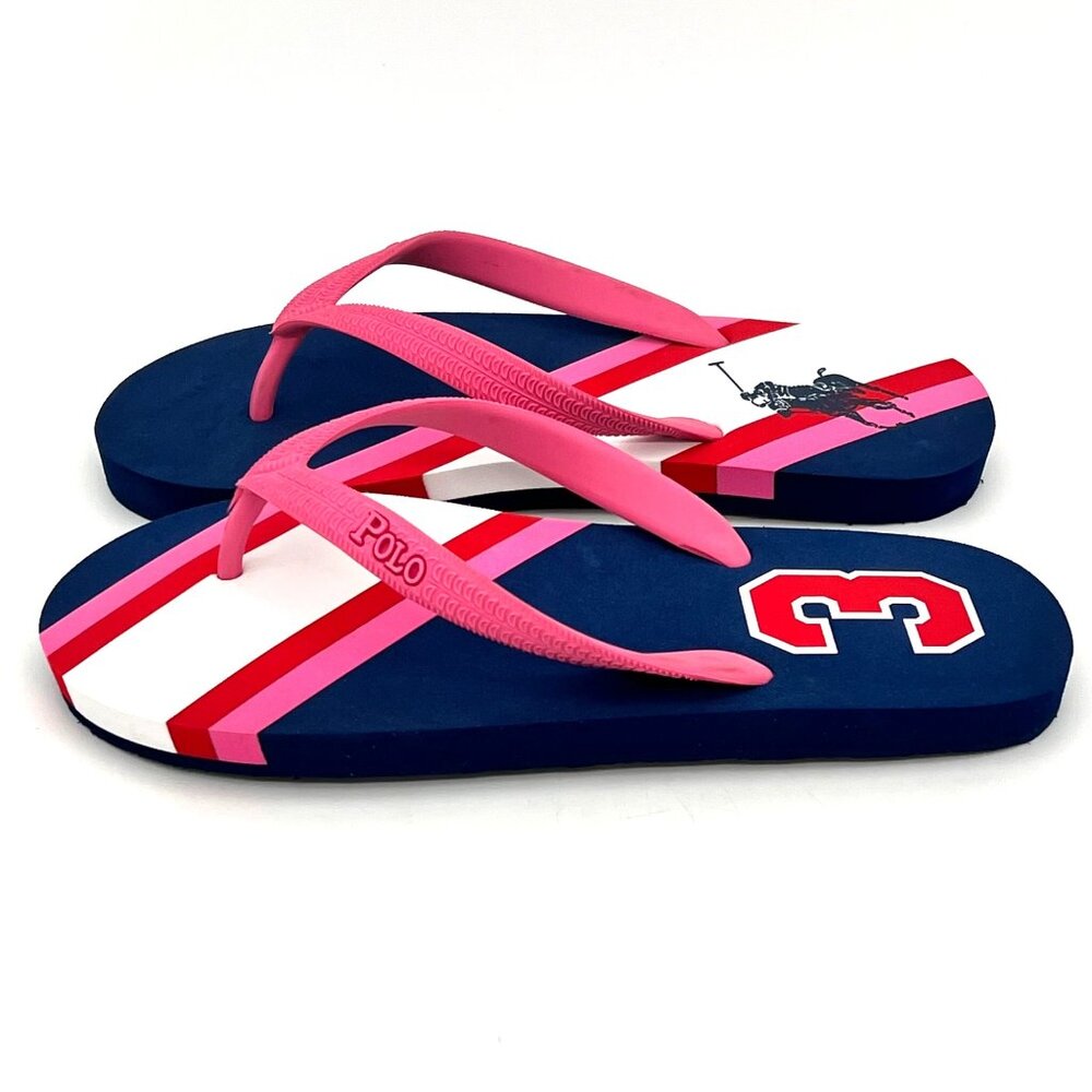 Polo Ralph Lauren Womens Size 5 Navy & Pink Striped Flip Flops Pony & 3 Logo New - Picture 10 of 15
